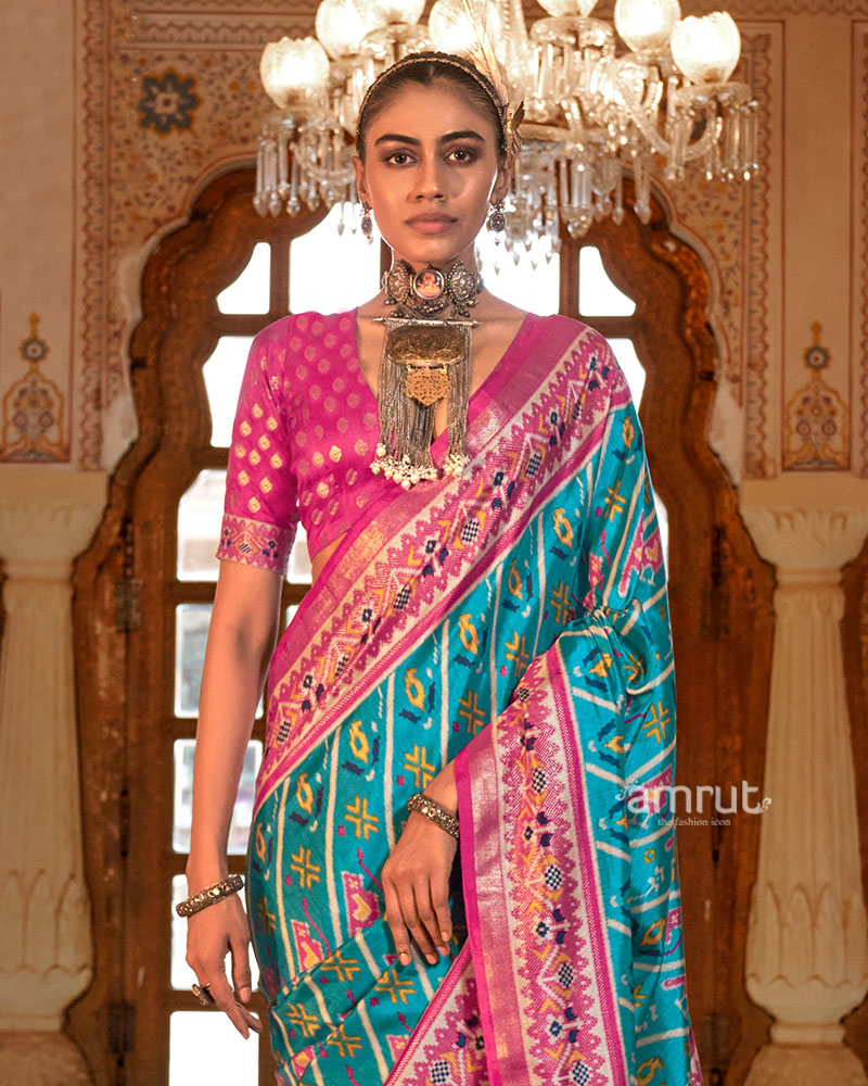 Electric Blue Patola Printed Silk Saree with Unstitched Blouse 02