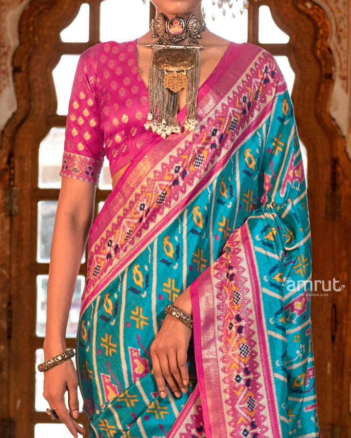 Electric Blue Patola Printed Silk Saree with Unstitched Blouse 03