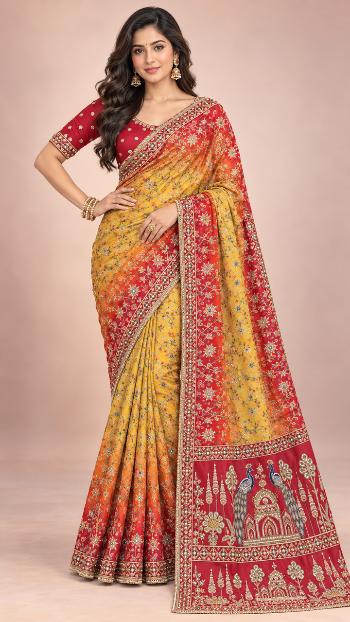 Multicolour Embroidered Designer Saree with Traditional Peacock Border