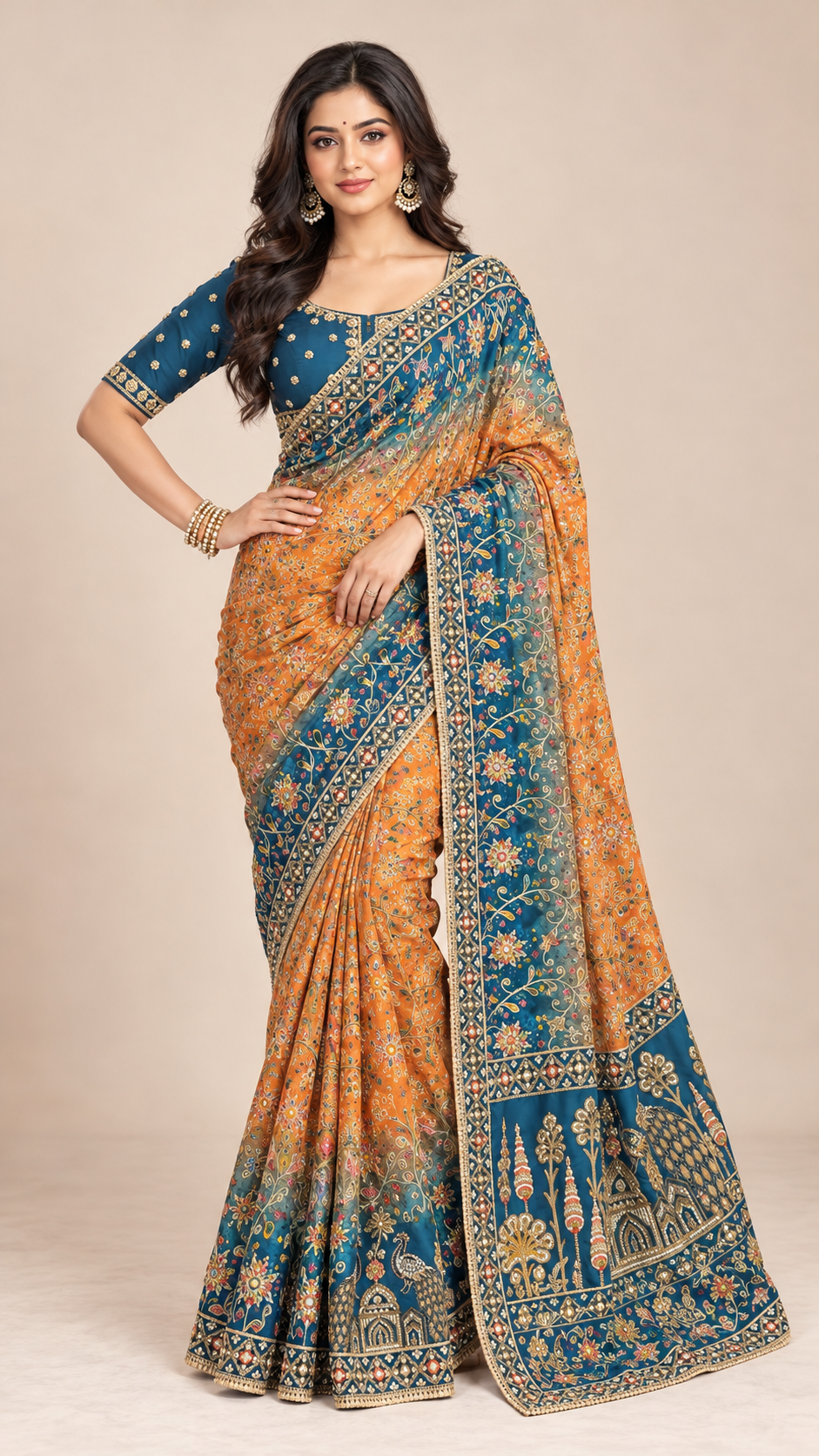 Multicolour Embroidered Designer Saree with Traditional Peacock Border