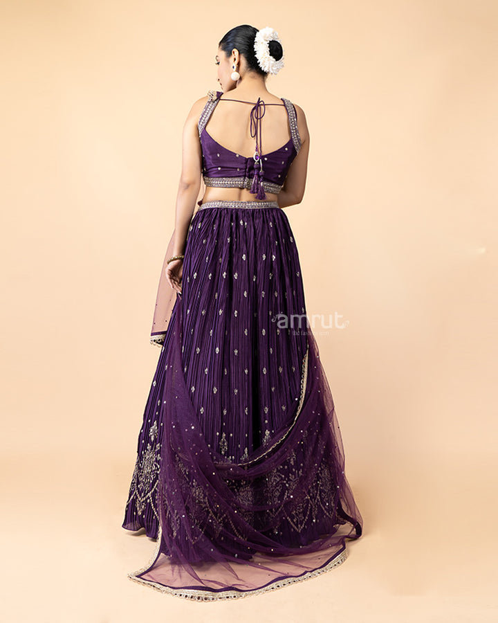 Elegant Purple Chiffon Lehenga with Zardozi work and Net Dupatta