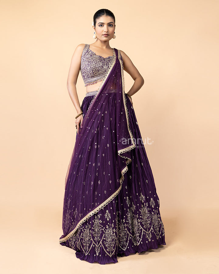 Elegant Purple Chiffon Lehenga with Zardozi work and Net Dupatta