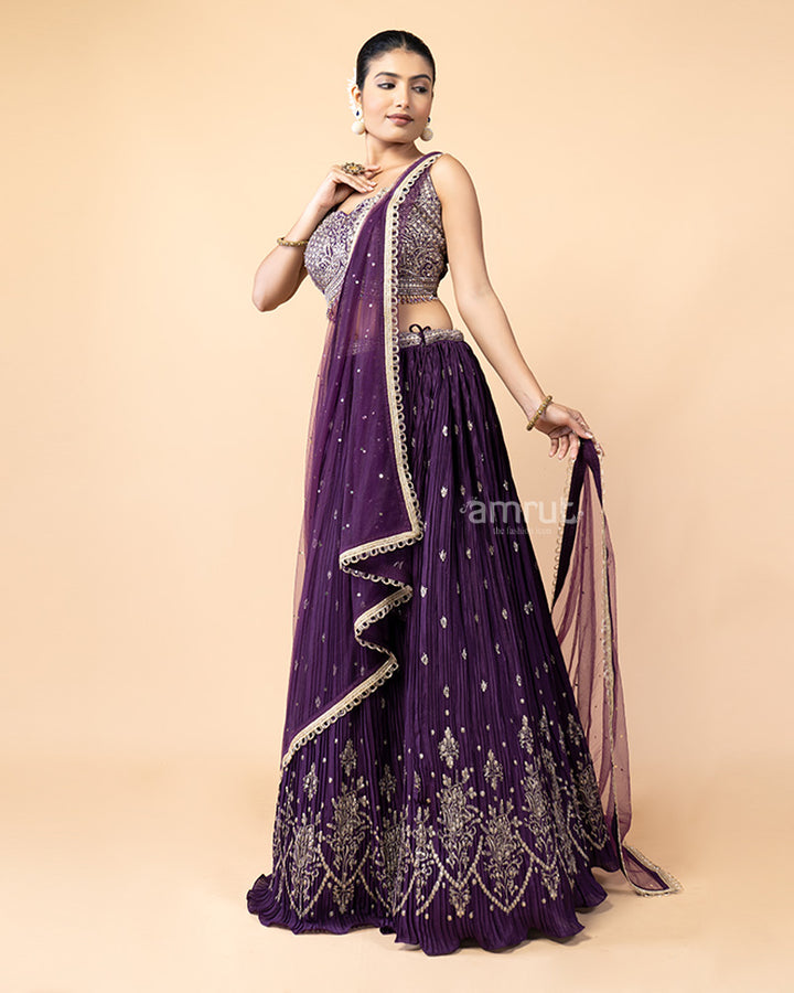 Elegant Purple Chiffon Lehenga with Zardozi work and Net Dupatta