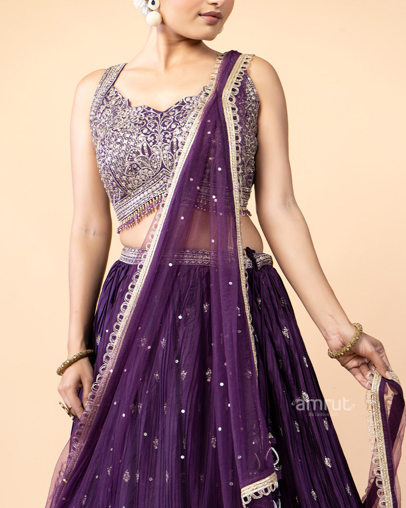 Elegant Purple Chiffon Lehenga with Zardozi work and Net Dupatta