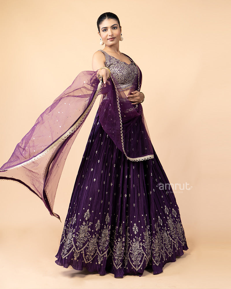 Elegant Purple Chiffon Lehenga with Zardozi work and Net Dupatta