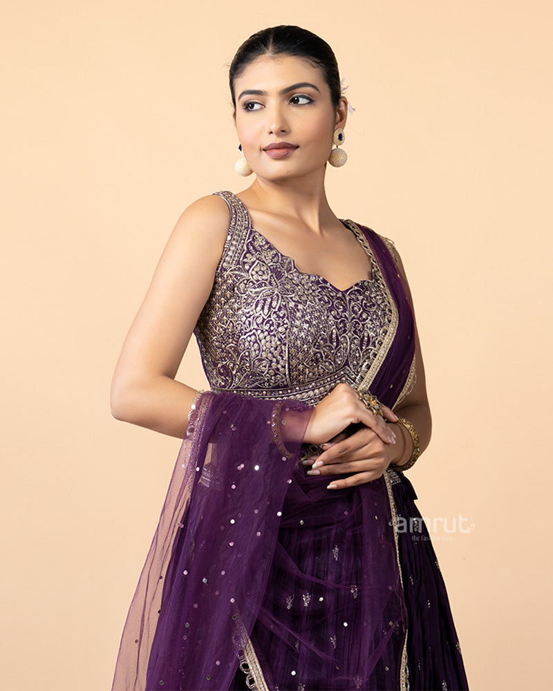 Elegant Purple Chiffon Lehenga with Zardozi work and Net Dupatta