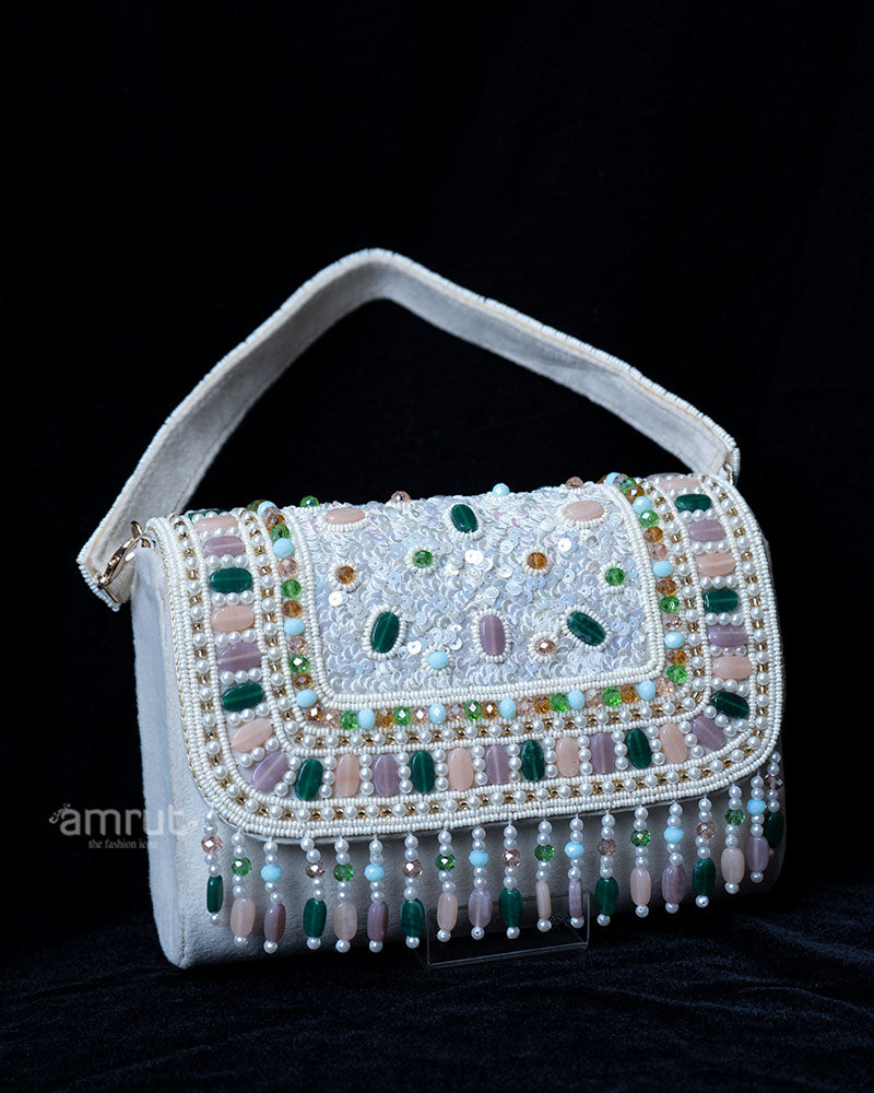 Embellished Cream Suede with Crystal Tassels Beaded Handbag 01