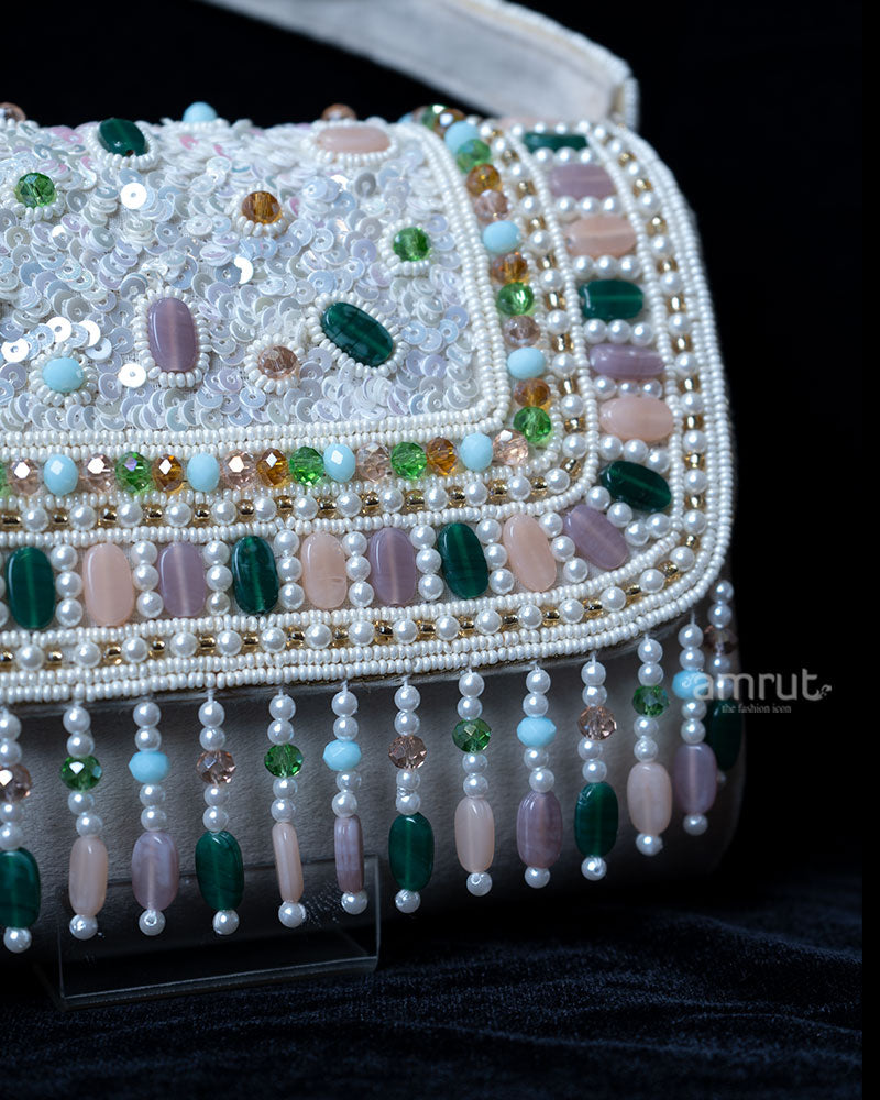 Embellished Cream Suede with Crystal Tassels Beaded Handbag 02