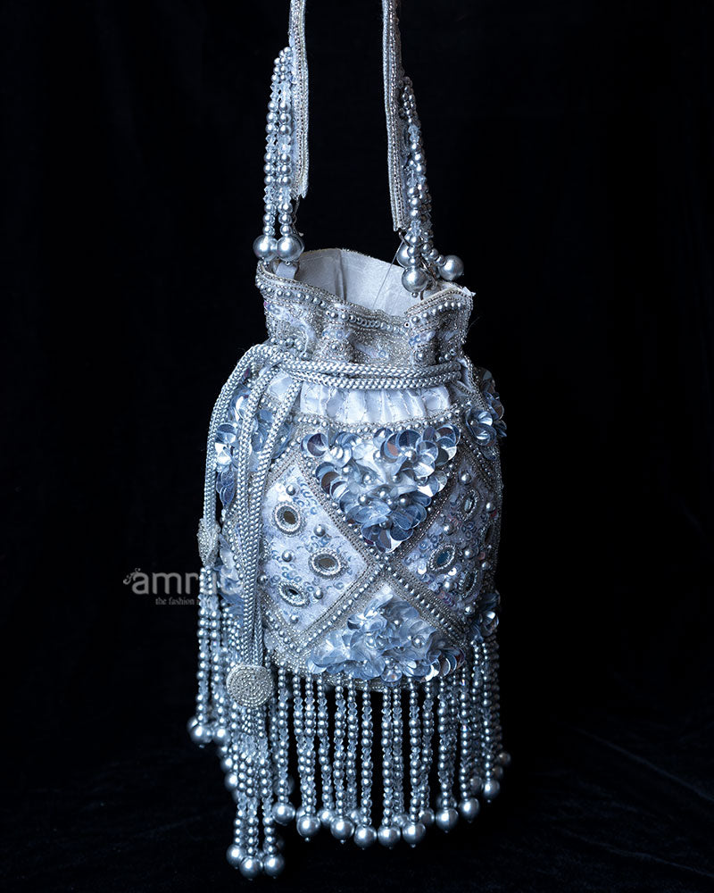 Embellished White Pouch with Cascading Light Gray Pearl Fringes Purse 01
