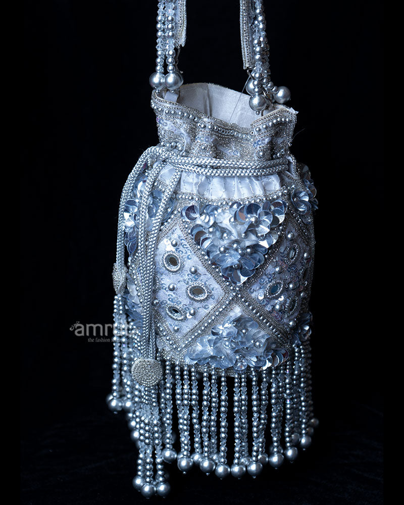 Embellished White Pouch with Cascading Light Gray Pearl Fringes Purse 02