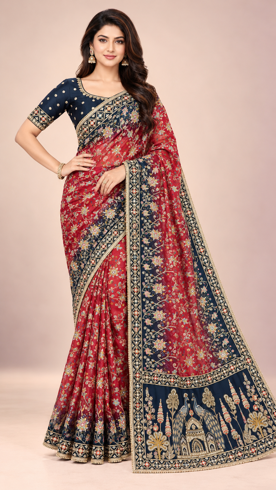 Multicolour Embroidered Designer Saree with Traditional Peacock Border
