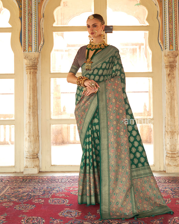 Emerald Green Banarasi Saree with Print Work Art and Unstitched Blouse - AMRUT