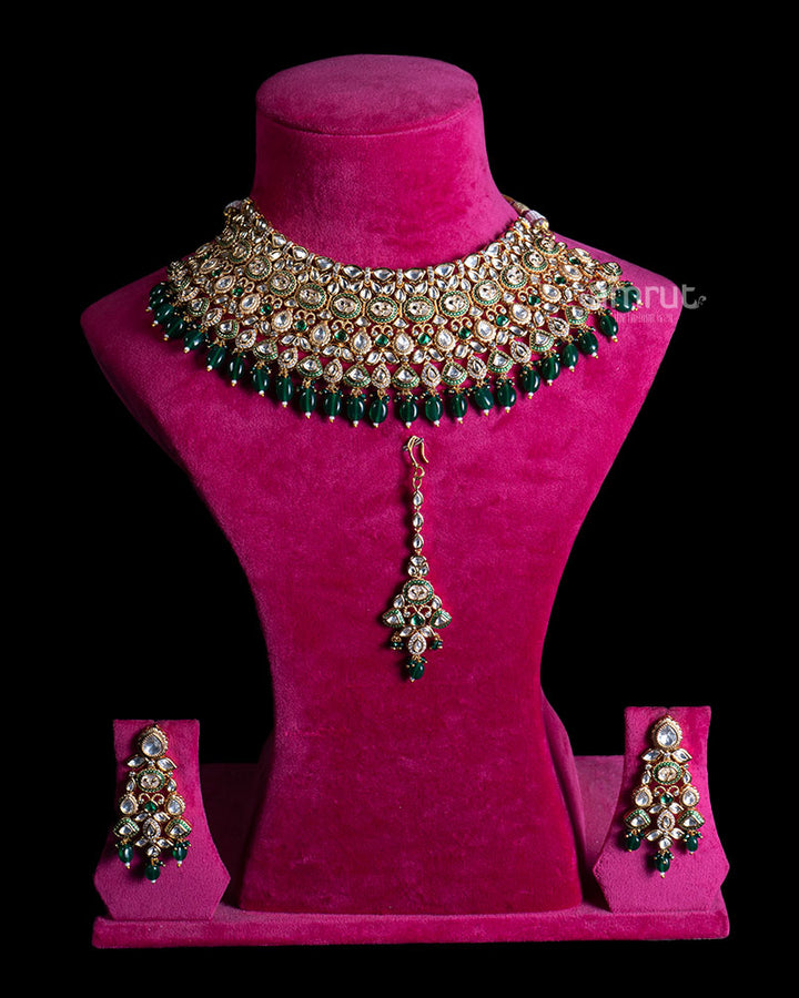 Emerald Green Beads and Pearls Bridal Choker Necklace Set 01