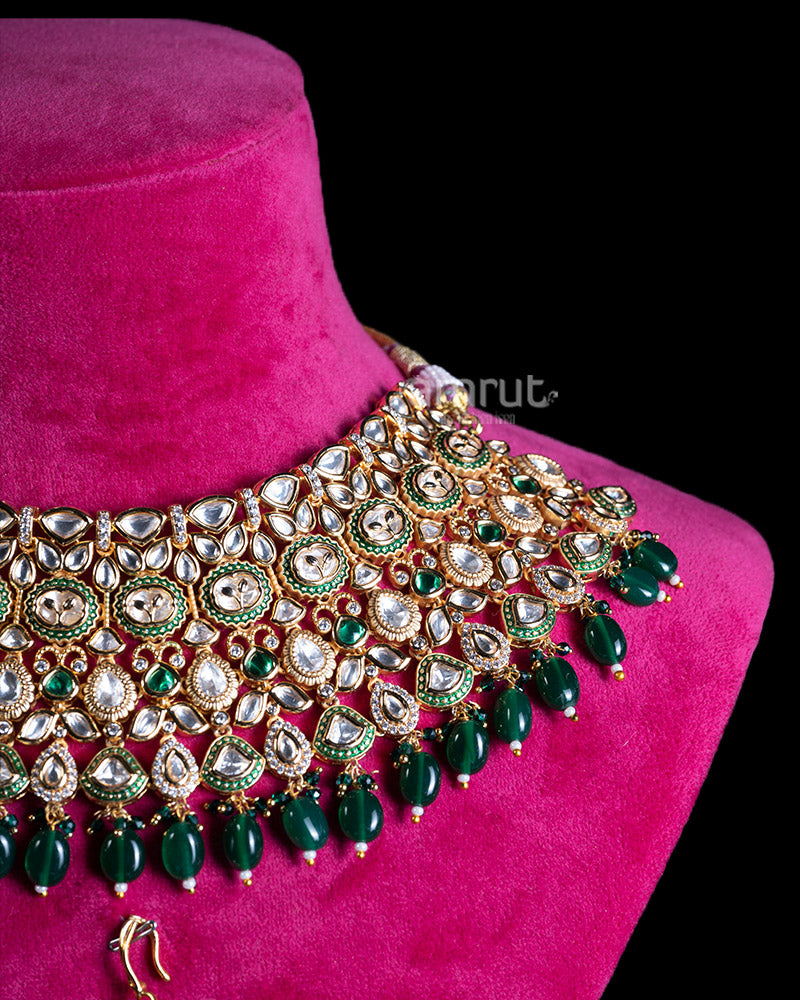 Emerald Green Beads and Pearls Bridal Choker Necklace Set 02