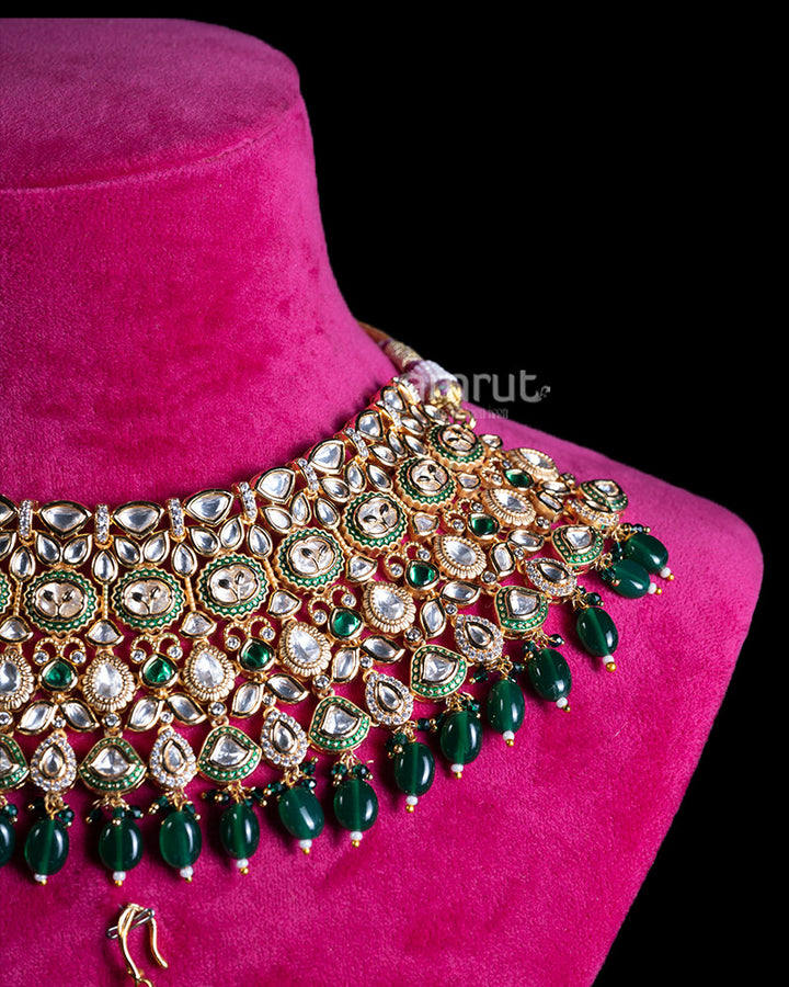 Emerald Green Beads and Pearls Bridal Choker Necklace Set 02