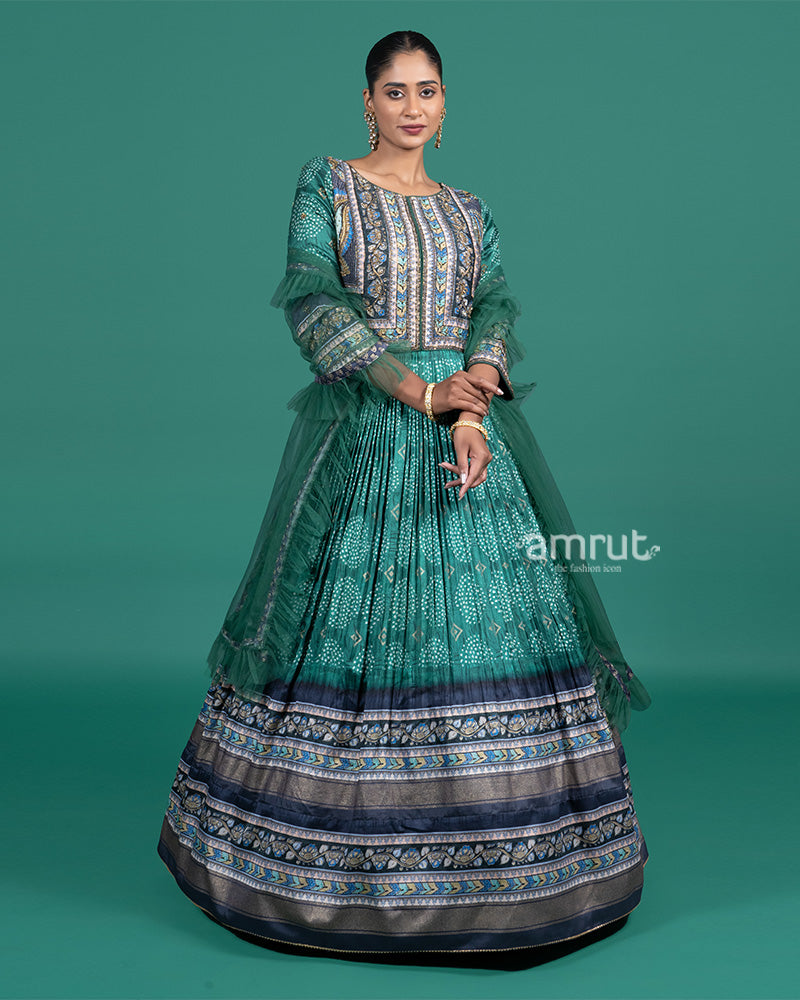 Emerald Green Thread Embroidered Traditional Gown with Dupatta 01