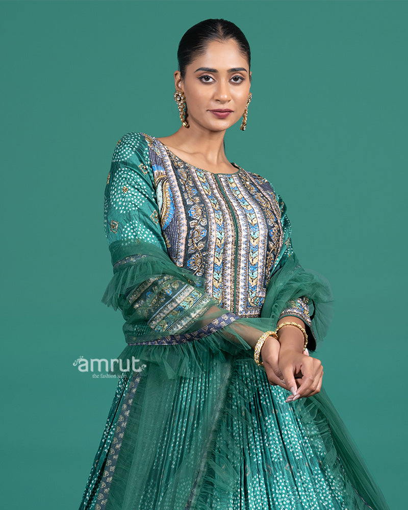 Emerald Green Thread Embroidered Traditional Gown with Dupatta 02