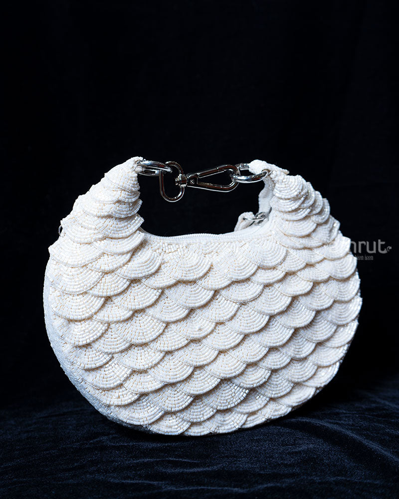 Emerald White Beaded Hobo Bag with Gold Chain Strap 01
