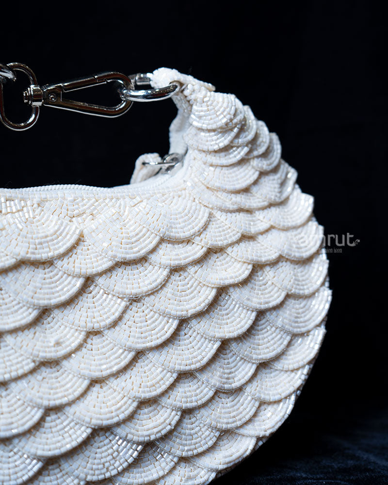 Emerald White Beaded Hobo Bag with Gold Chain Strap 02