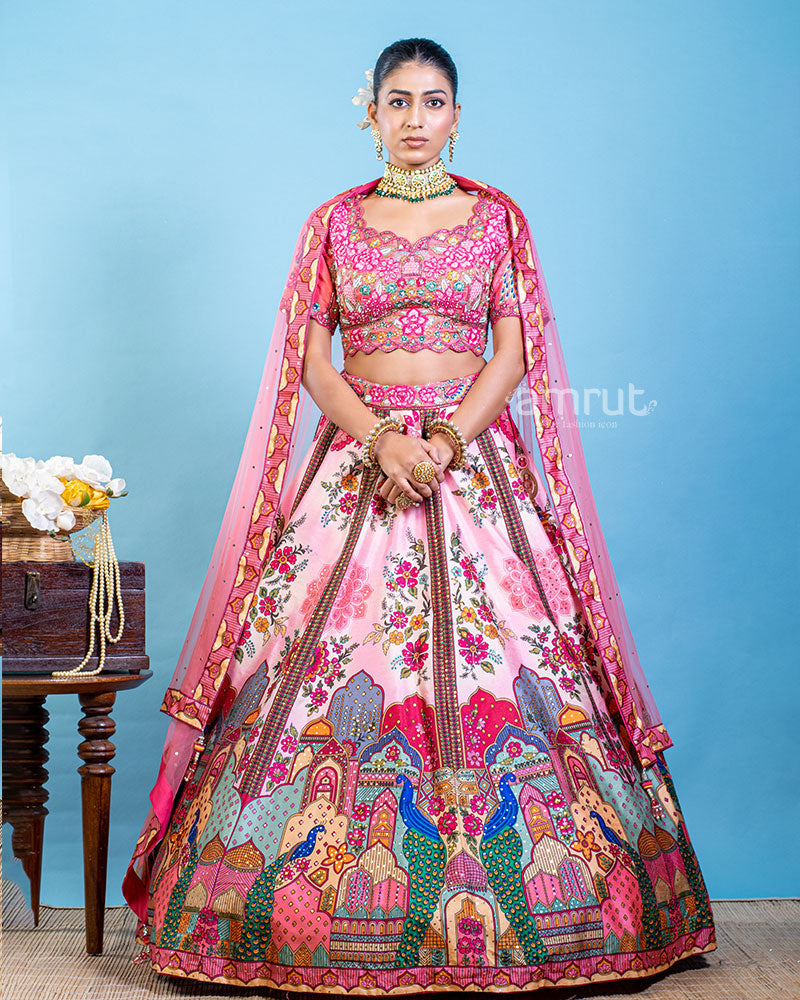 Designer Digital Print Pink Lehenga For Bride