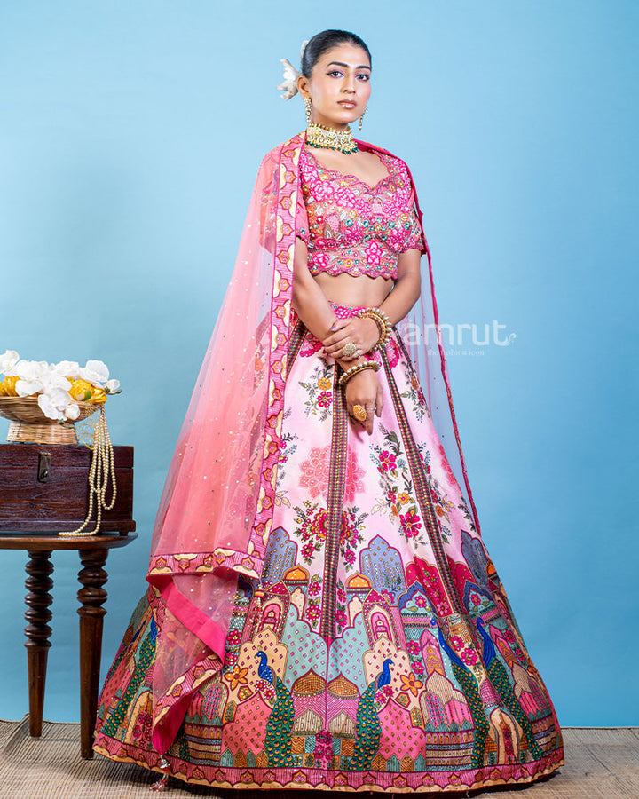 Designer Digital Print Pink Lehenga For Bride