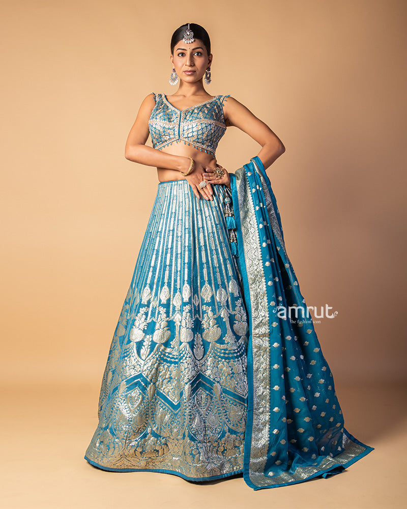 Faded Blue Raw Silk Heavy Embroidered Lehenga Set