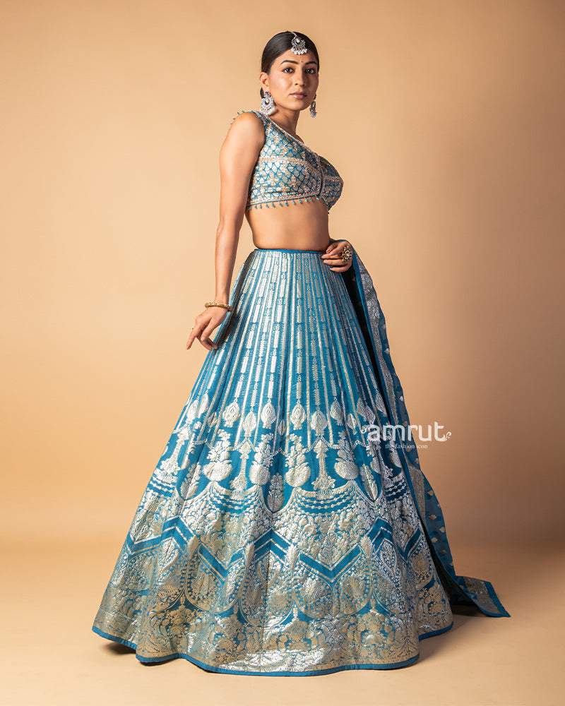 Faded Blue Raw Silk Heavy Embroidered Lehenga Set