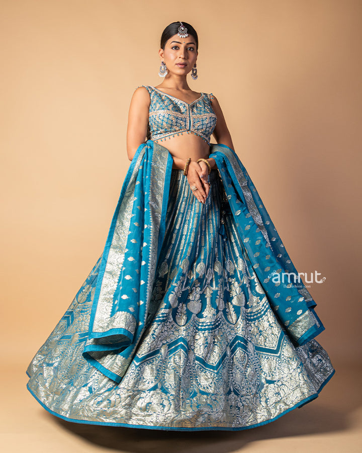 Faded Blue Raw Silk Heavy Embroidered Lehenga Set