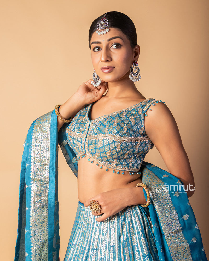 Faded Blue Raw Silk Heavy Embroidered Lehenga Set