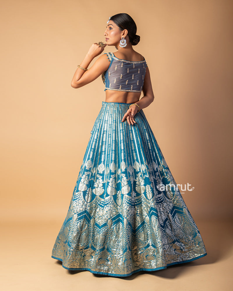 Faded Blue Raw Silk Heavy Embroidered Lehenga Set