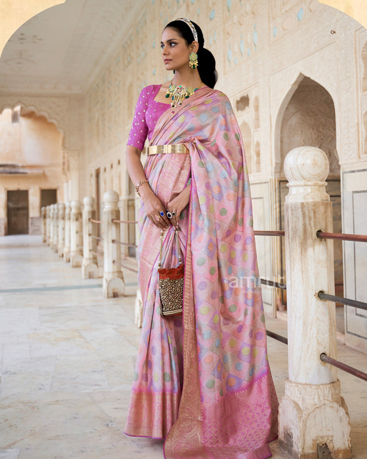 Faded Pink Digital Printed Silk Saree With Contrast Zari Woven Pallu