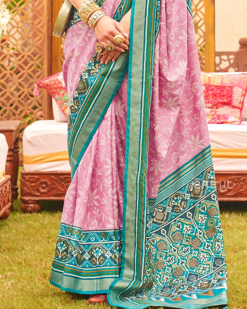 Faded Pink Saree With Contrast Ikat Weave Printed Border