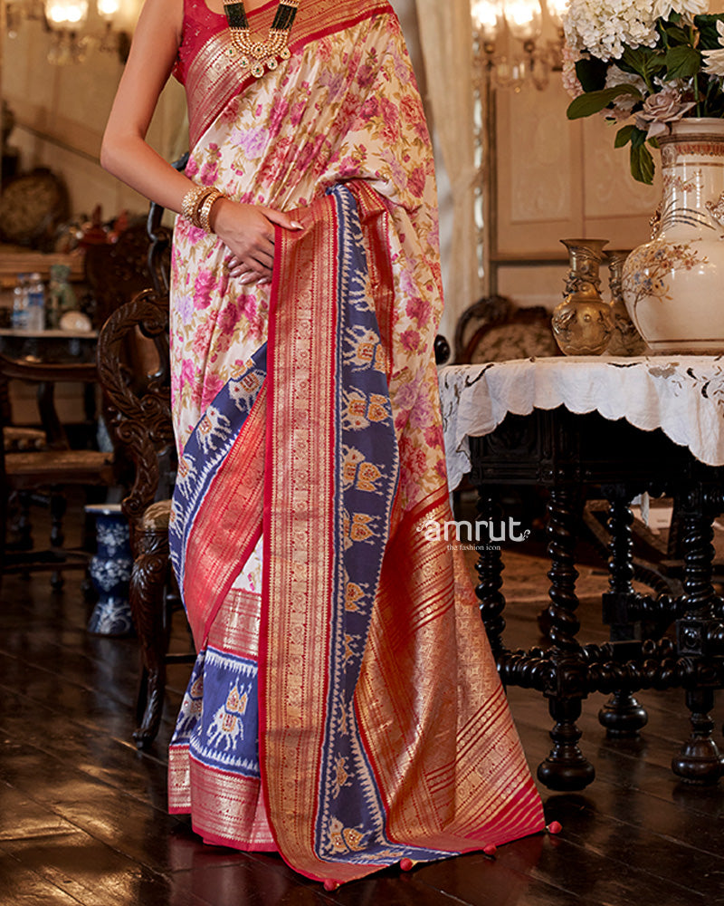 Faded Pink Saree With Unstitched Blouse In Cotton Silk
