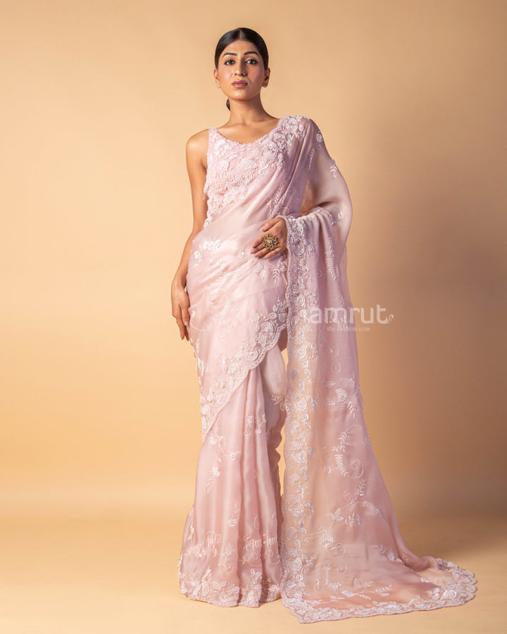 Faded Pink Sequins Embroidered Organza Saree With Stitched Blouse