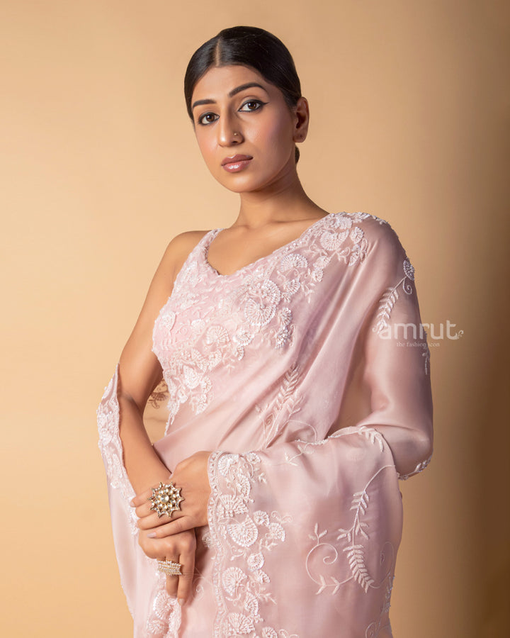 Faded Pink Sequins Embroidered Organza Saree With Stitched Blouse