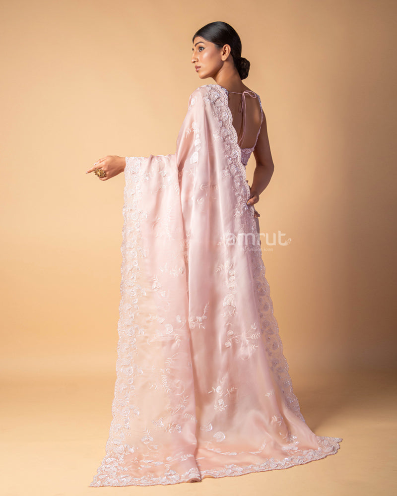 Faded Pink Sequins Embroidered Organza Saree With Stitched Blouse