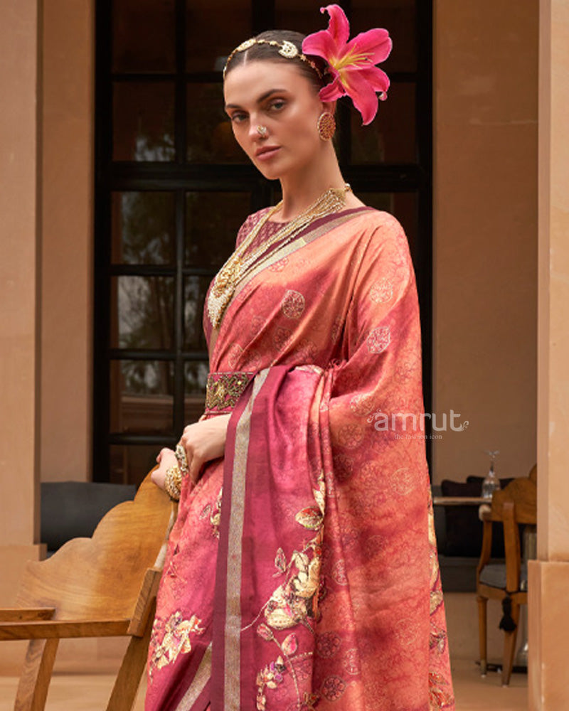 Faded Red Cotton Silk Saree With Unstitched Blouse