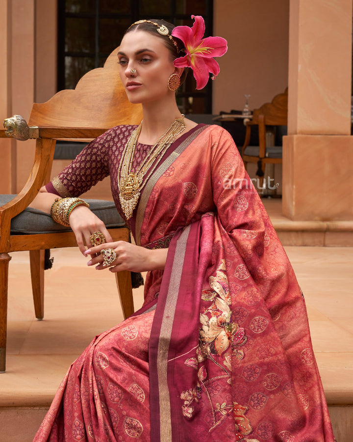 Faded Red Cotton Silk Saree With Unstitched Blouse