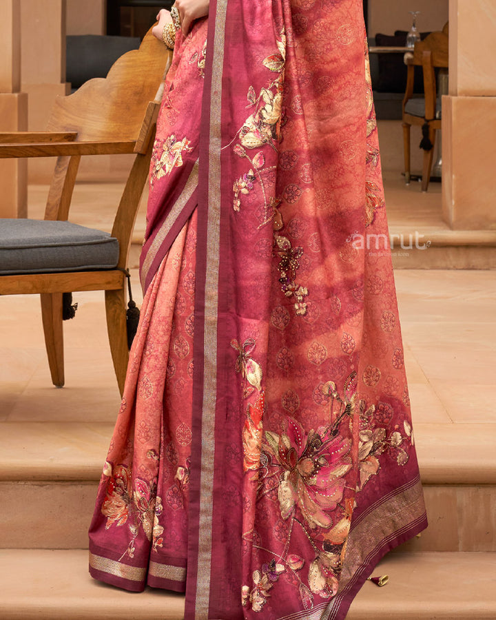 Faded Red Cotton Silk Saree With Unstitched Blouse