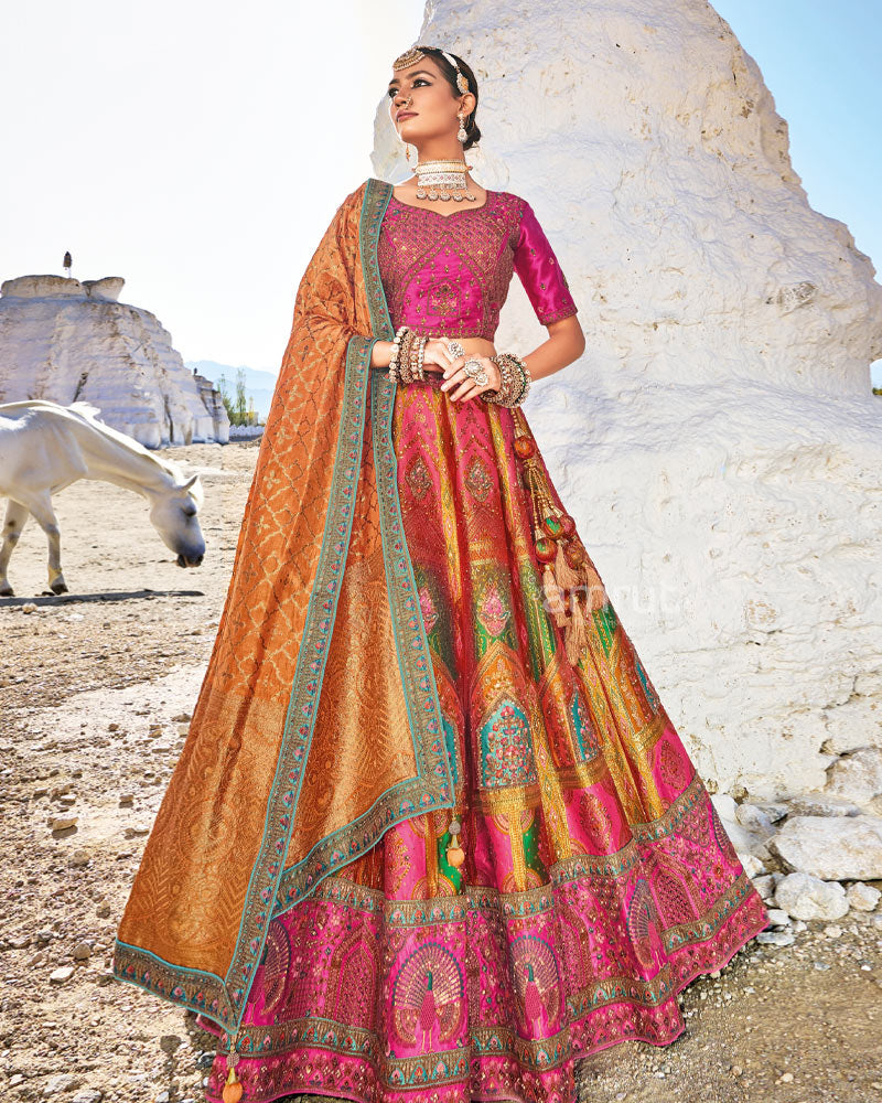 Fiery Rose Butta Embroidered Silk Bridal Lehenga Choli