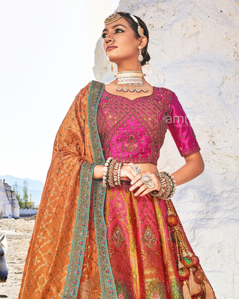 Fiery Rose Butta Embroidered Silk Bridal Lehenga Choli