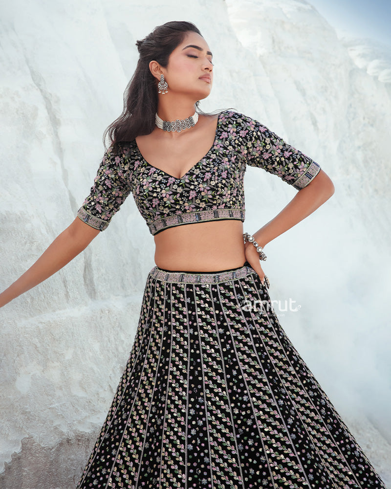 Black Jacquard Floral Woven Jaal Flared Lehenga With Sequins Work