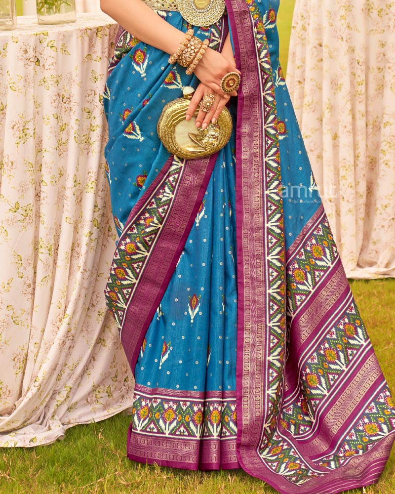 Flat Blue Cotton Silk Saree With Unstitched Blouse