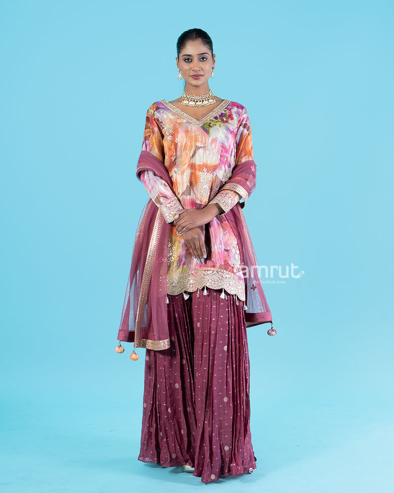 Floral Printed Kameez with Embellished Maroon Salwar and  Dupatta 01