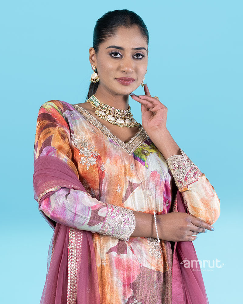 Floral Printed Kameez with Embellished Maroon Salwar and  Dupatta 02
