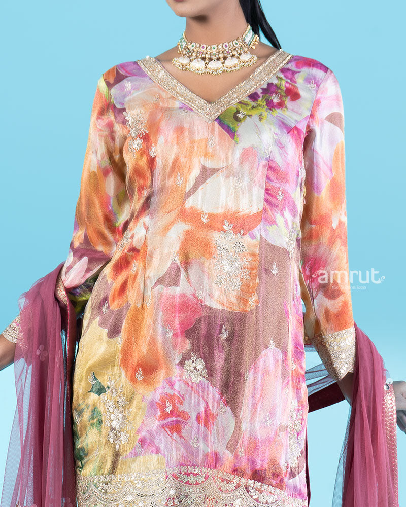 Floral Printed Kameez with Embellished Maroon Salwar and  Dupatta 03