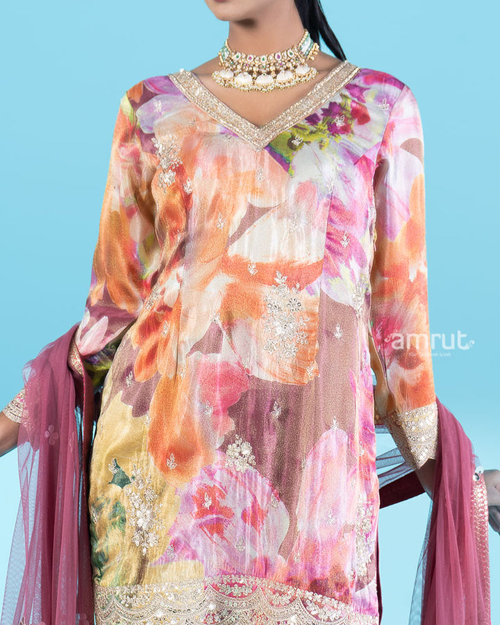 Floral Printed Kameez with Embellished Maroon Salwar and  Dupatta 03