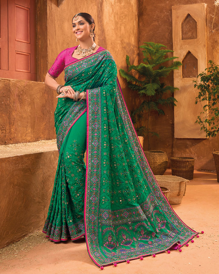 Green Thread Embroidered Silk Saree With Unstitched Blouse