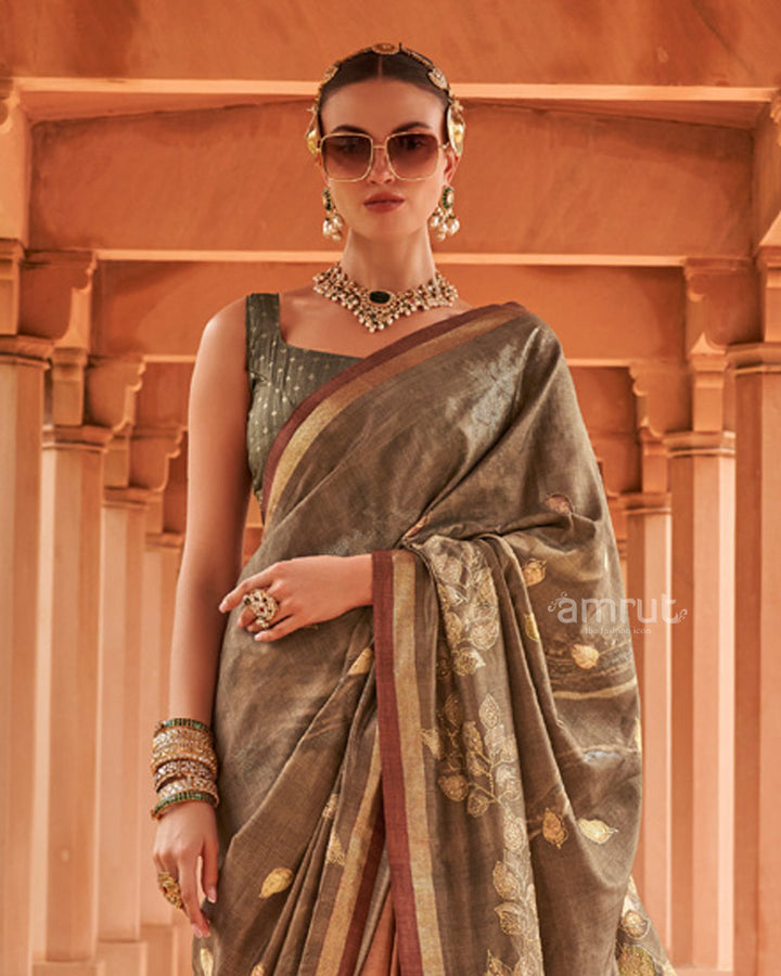 French Beige Cotton Silk Saree With Unstitched Blouse