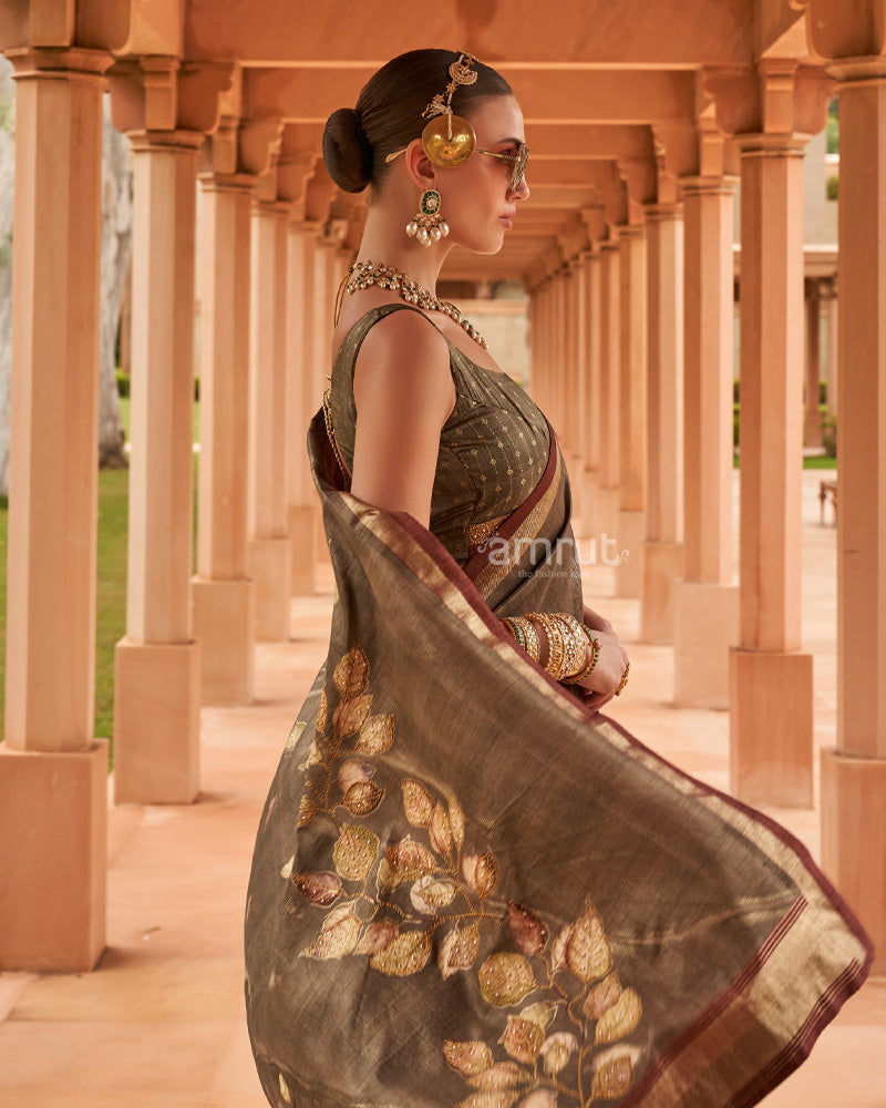 French Beige Cotton Silk Saree With Unstitched Blouse